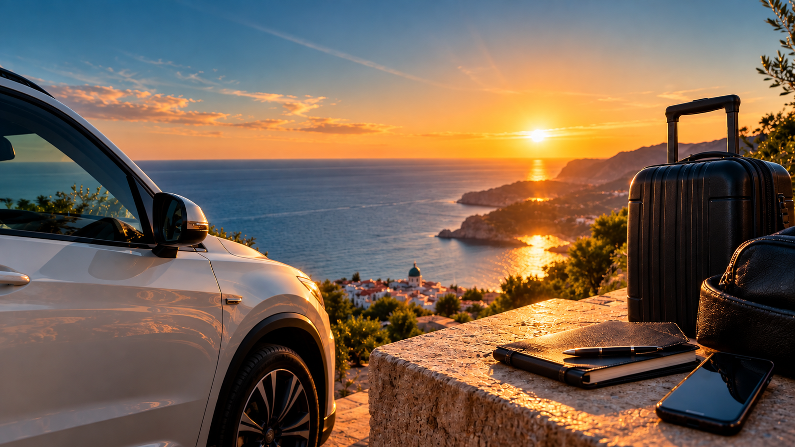 Mediterrane Küste bei Sonnenuntergang mit Fahrzeug und Reisegepäck